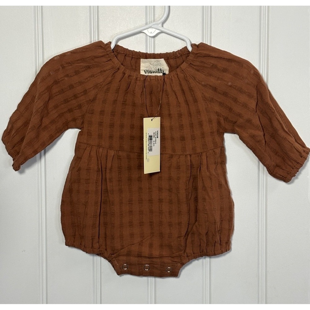 NWT Vignette Daisy Bubble Romper Baby Girl 0-3M Rust Brown Cotton Textured